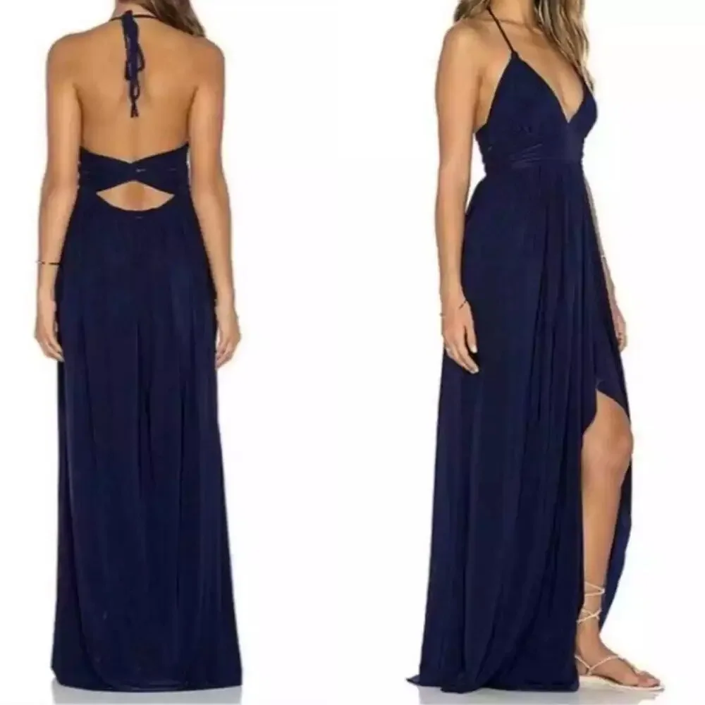 NWT Misa Los Angeles Navy Ever Maxi Dress Leg Slit Revolve Halter Cut Out Size M